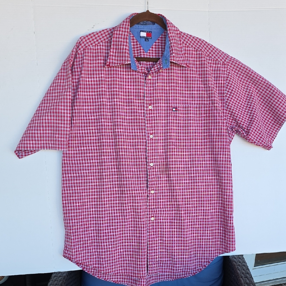 Tommy Hilfiger Y2K Red Checkered Plaid Men's Shirt. Classic Logo Sz XL